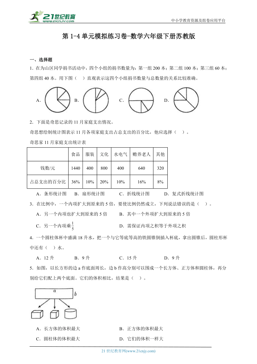 第1-4单元模拟练习卷（含答案）数学六年级下册苏教版