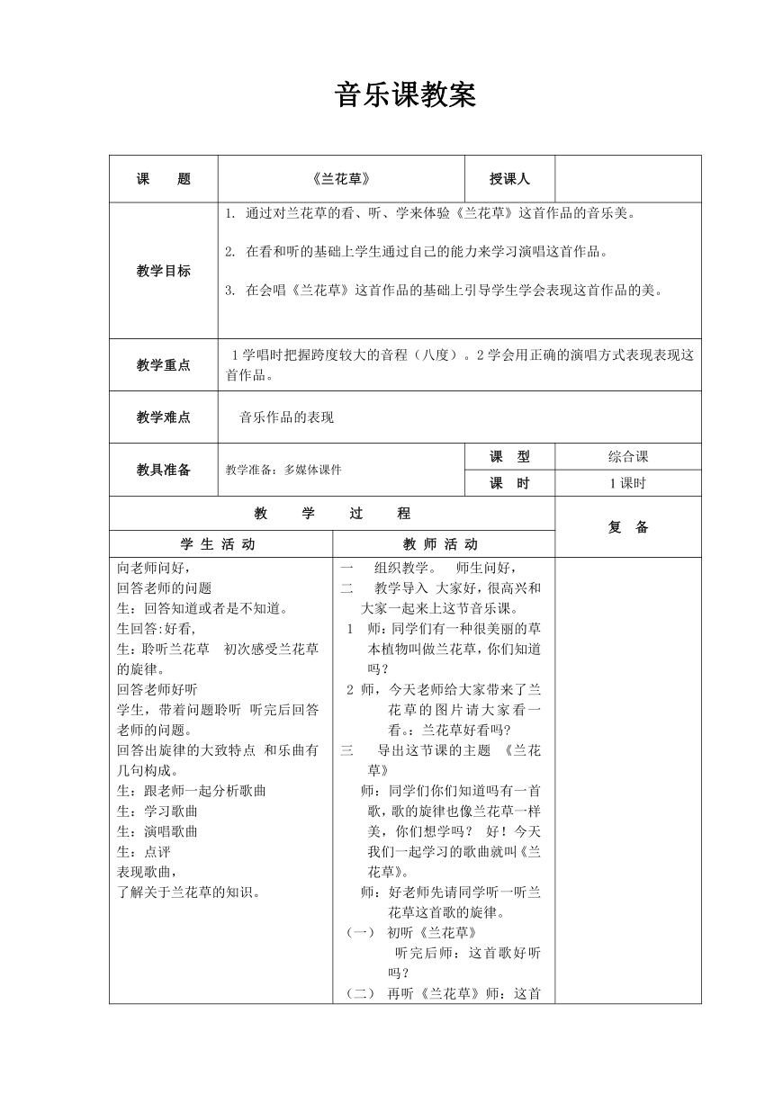 人教版 四年级下册音乐 第二单元 欣赏 《兰花草》｜教案（表格式）