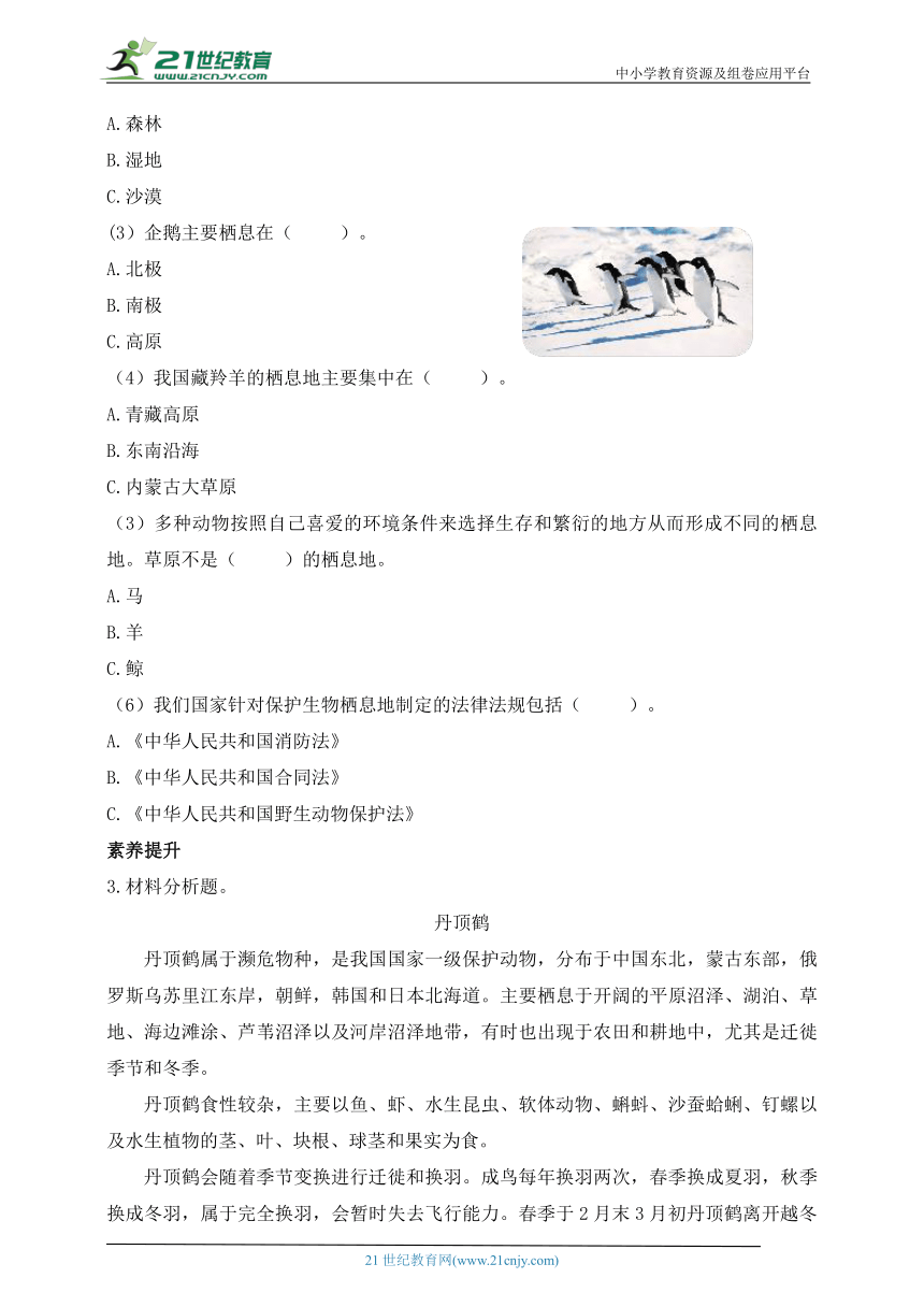 小学科学青岛版(六三制2017秋)五年级下册5.19 生物的栖息地  课时练（含答案）