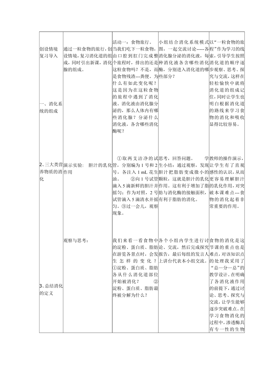 人教版生物七年级下册4.2.2消化和吸收教学设计（表格式）