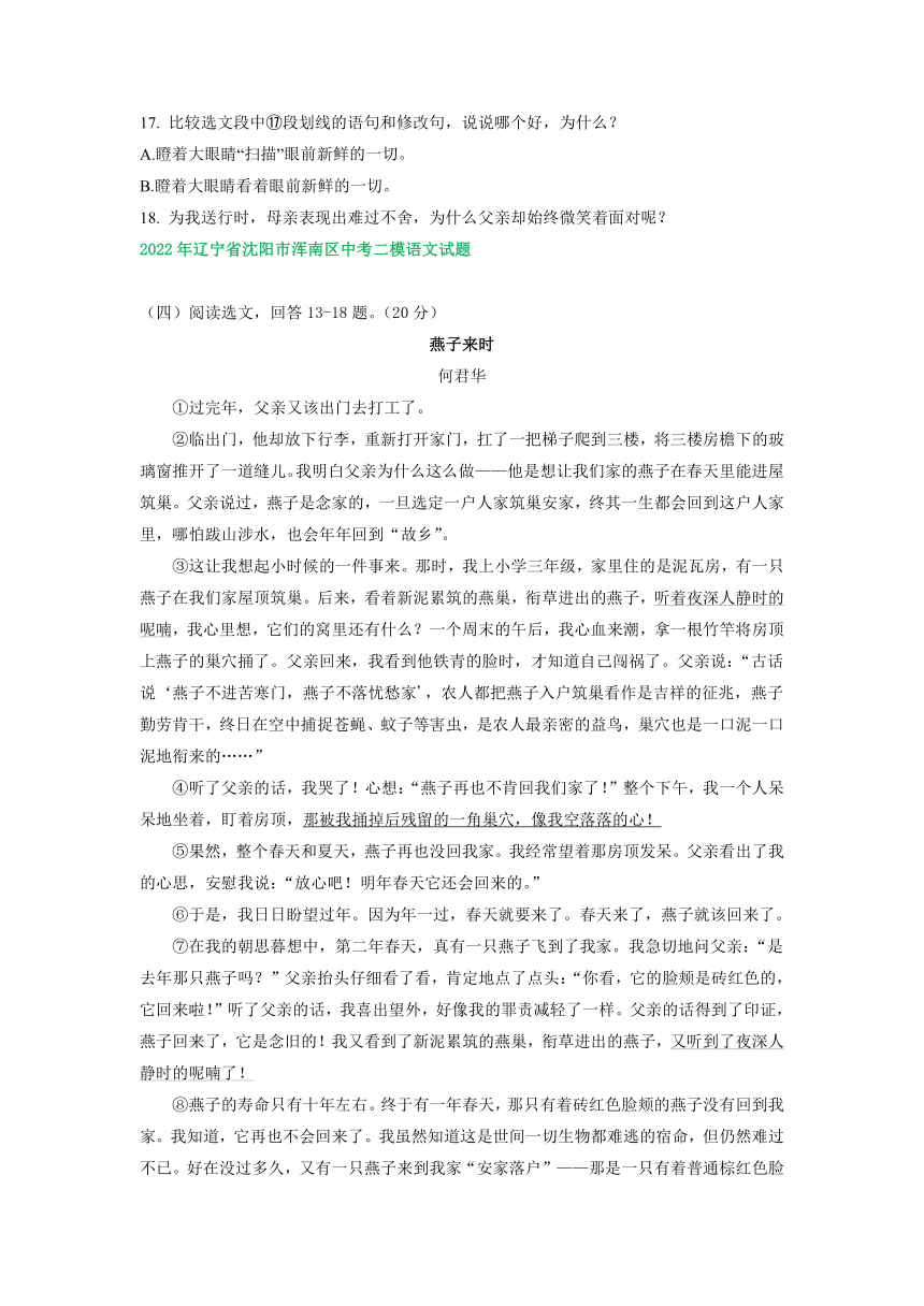 辽宁省沈阳市2022年中考语文模拟试卷精选汇编：文学类文本阅读专题（word版含解析）