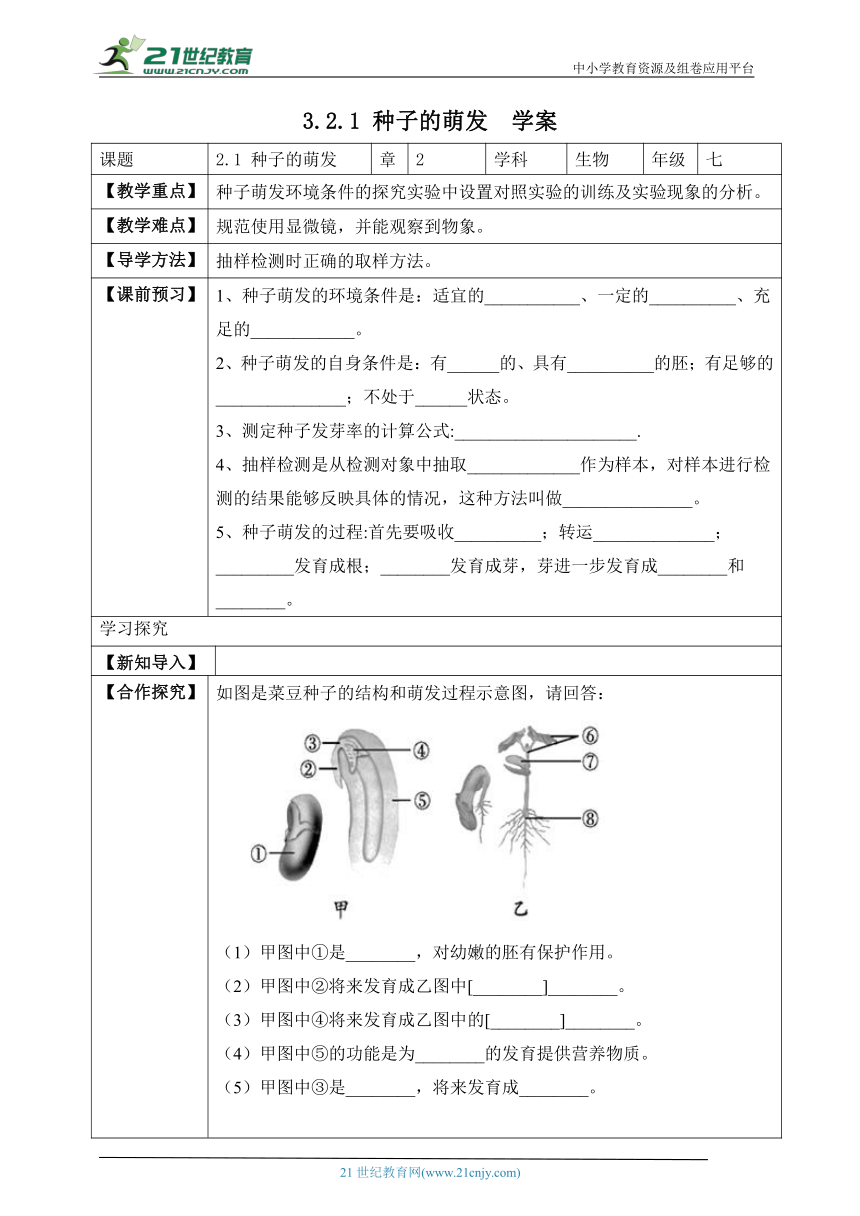 人教版3.2.1 种子的萌发-2022-2023学年七年级生物上册同步学案（含答案）