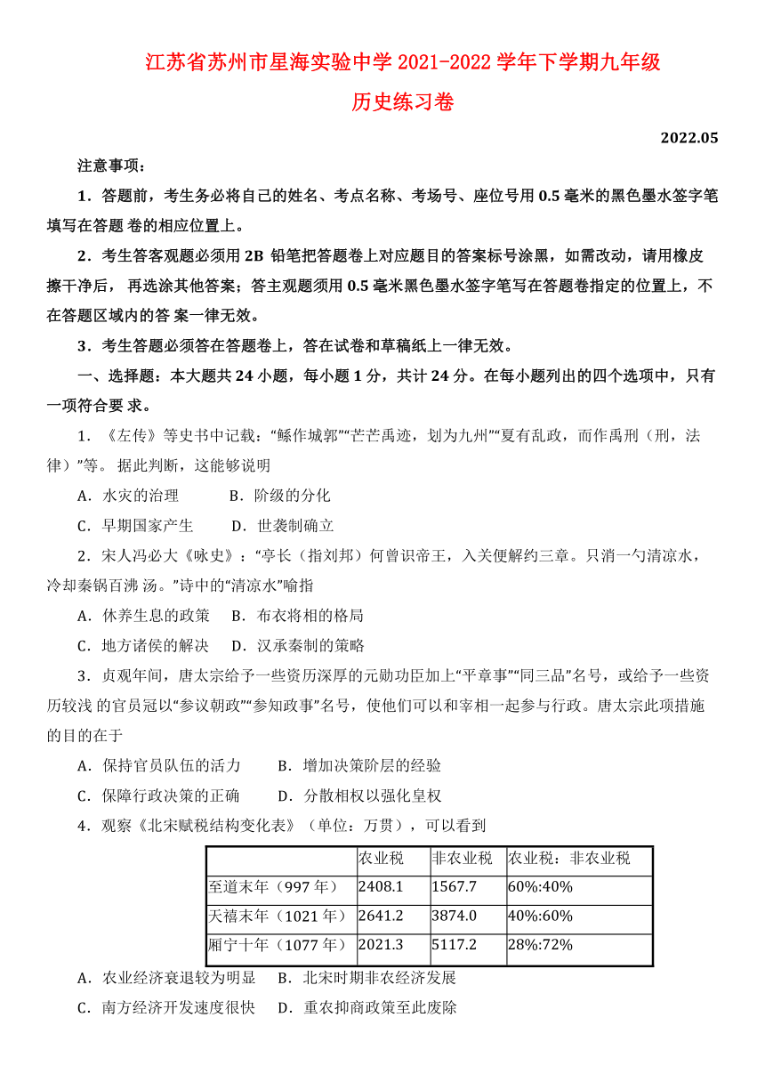 江苏省苏州市星海实验中学2021-2022学年下学期九年级历史练习卷（含答案）
