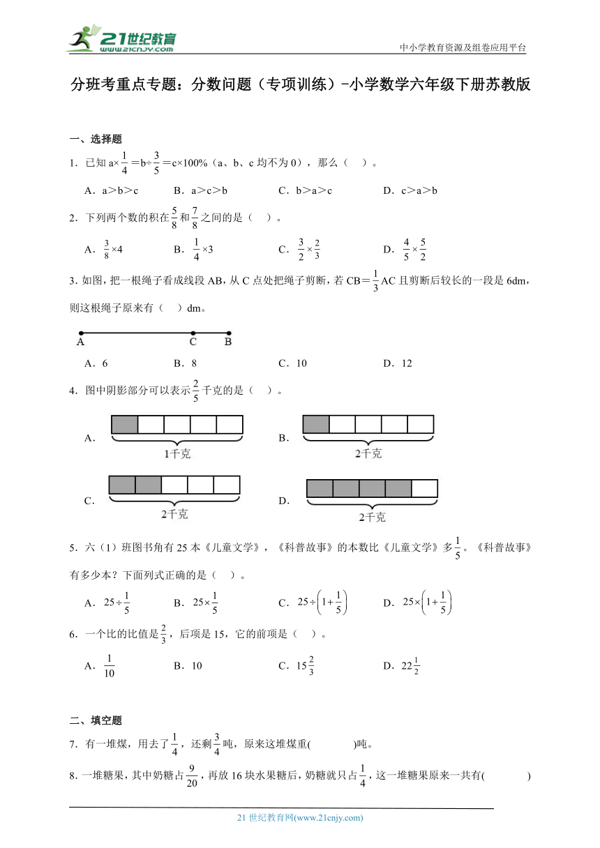 分班考重点专题：分数问题（专项训练）-小学数学六年级下册苏教版（含答案）