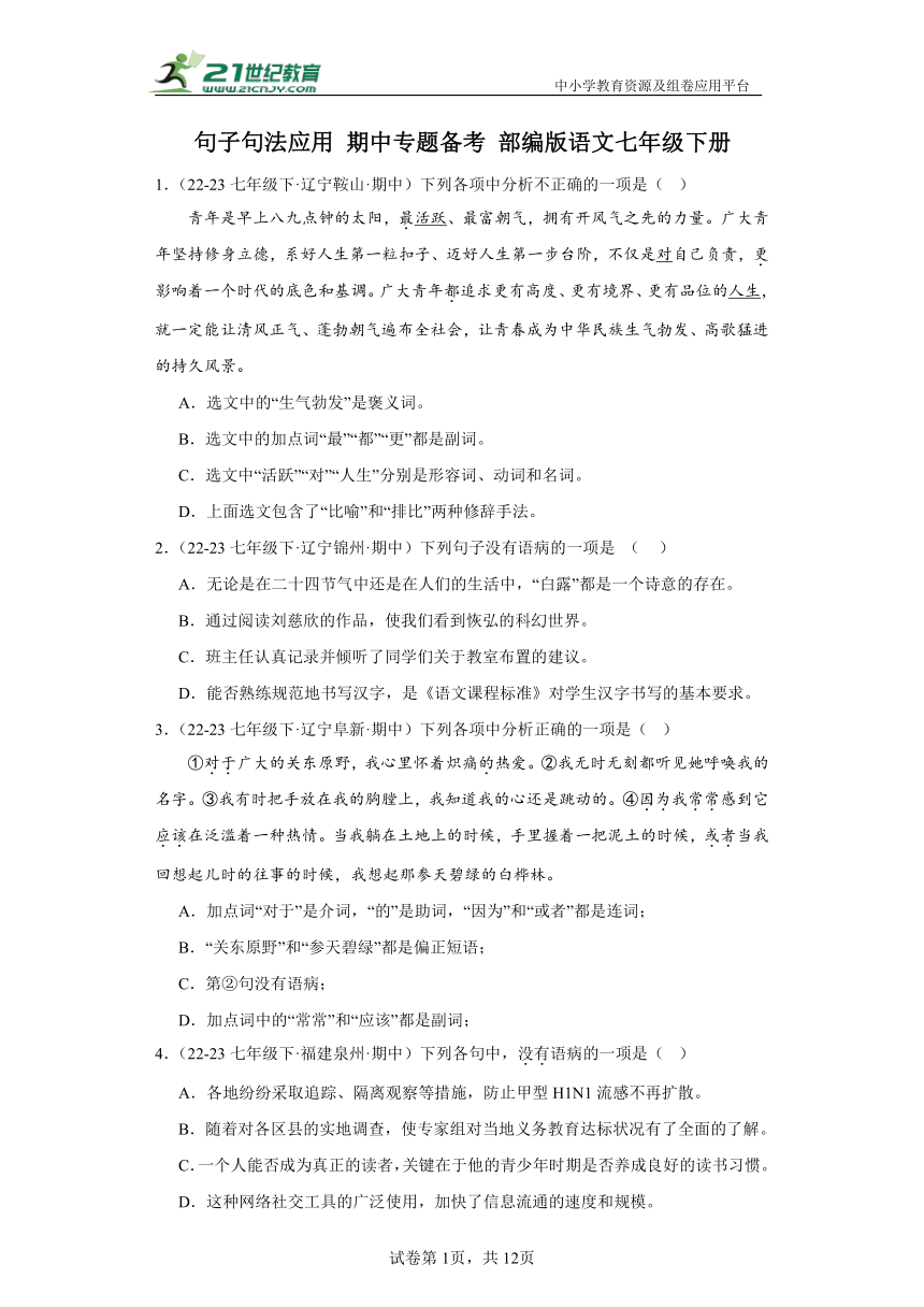 句子句法应用 期中专题备考 部编版语文七年级下册（含解析）