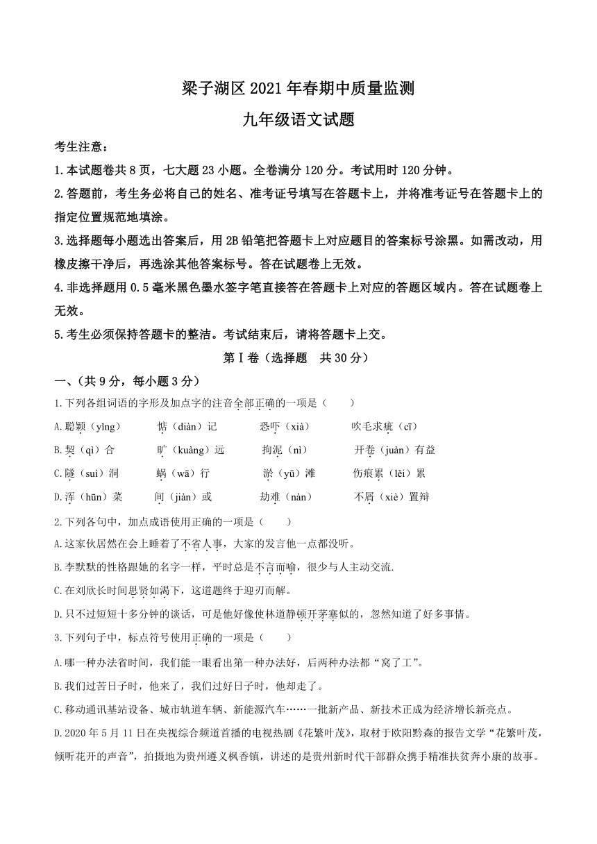 2021年湖北省鄂州市梁子湖区中考一模（下学期期中）语文试题（word版 含答案）