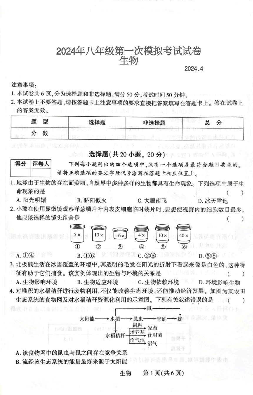 2024年河南省南阳市八校八年级第一次模拟考试生物试卷（PDF版无答案）