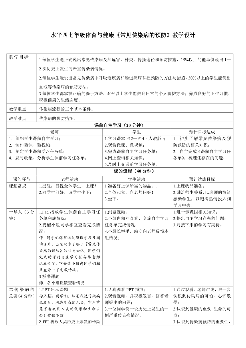 人教版七年级 体育与健康 第一章 常见传染病的预防 教案（表格式）