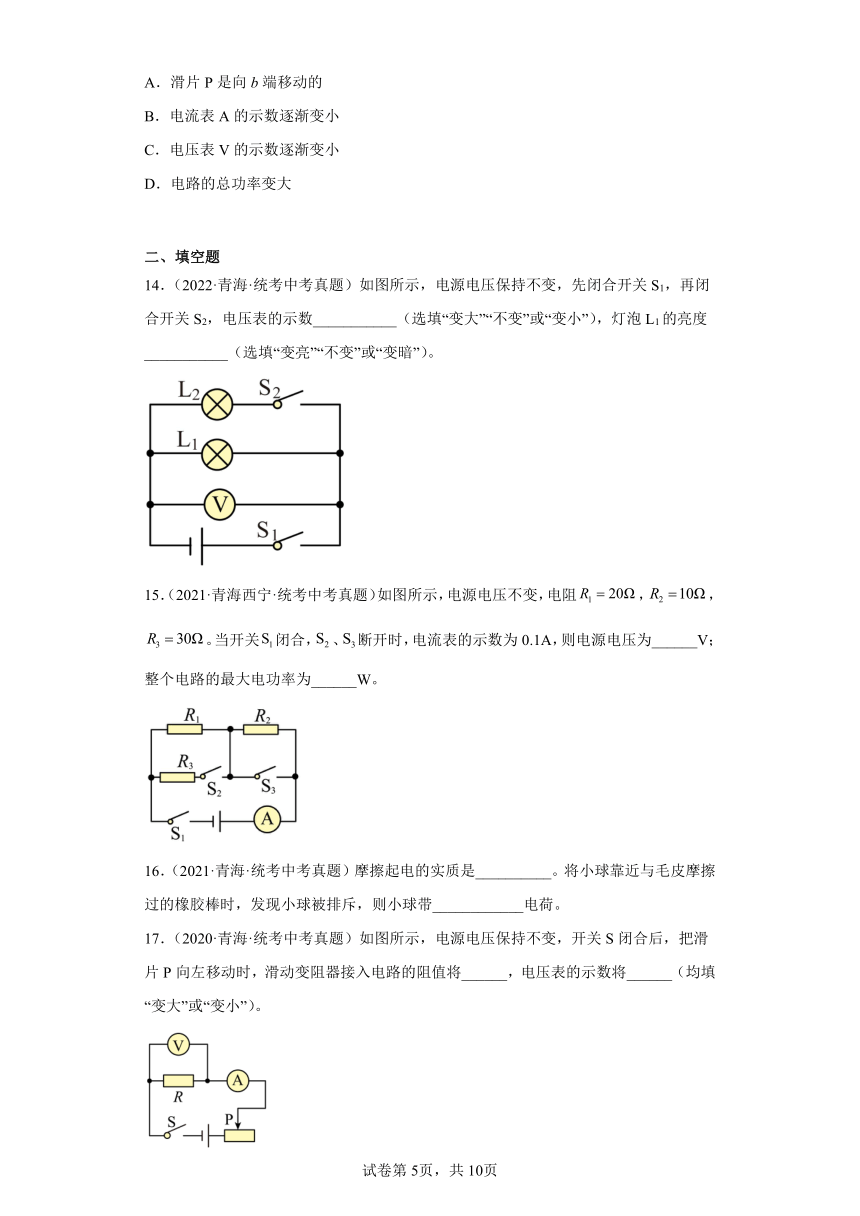 青海2020-2022三年中考物理真题分类汇编-05电磁学（电流和电路、电压和电阻、欧姆定律）（含答案）