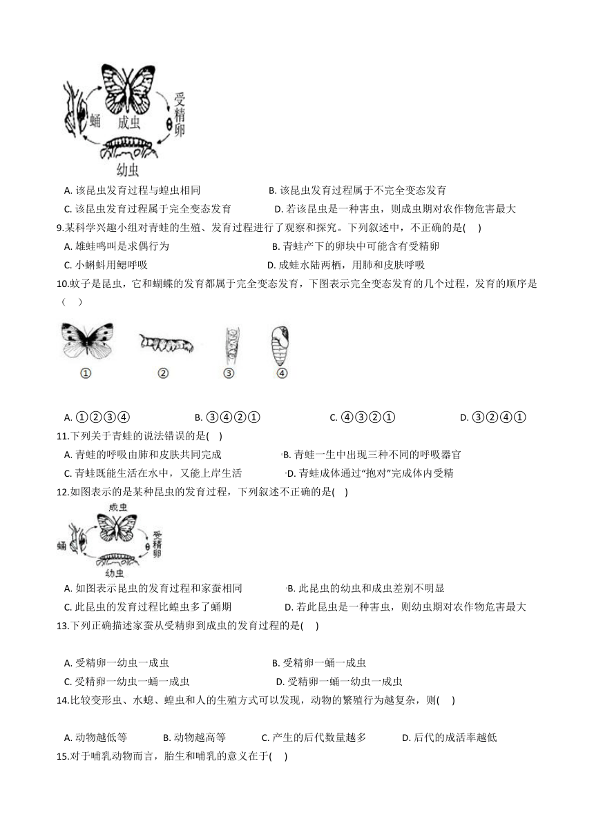 2020-2021学年华东师大版科学七年级下册 6.1动物的生殖与发育  同步练习   (含解析)