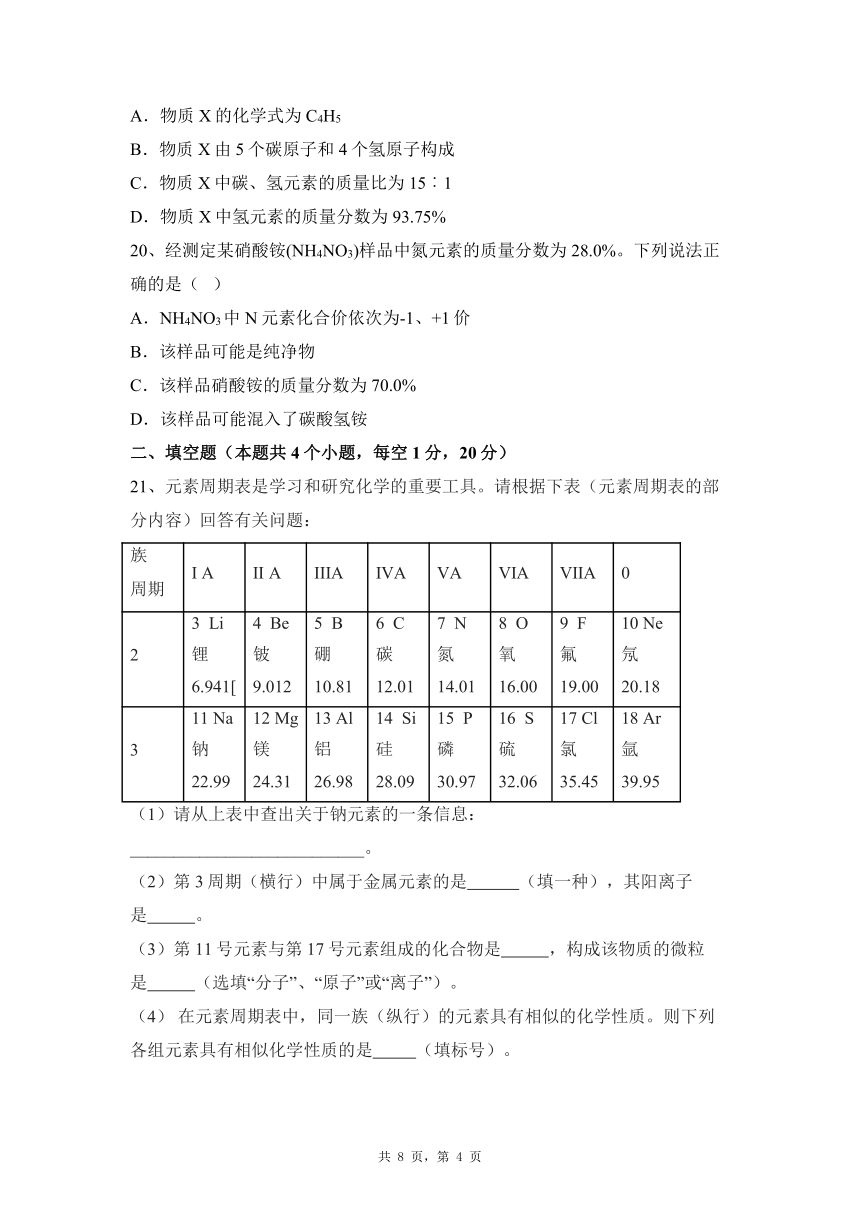 山东省济宁学院附属中学2020-2021学年八年级上学期期末化学测试卷（图片版无答案）