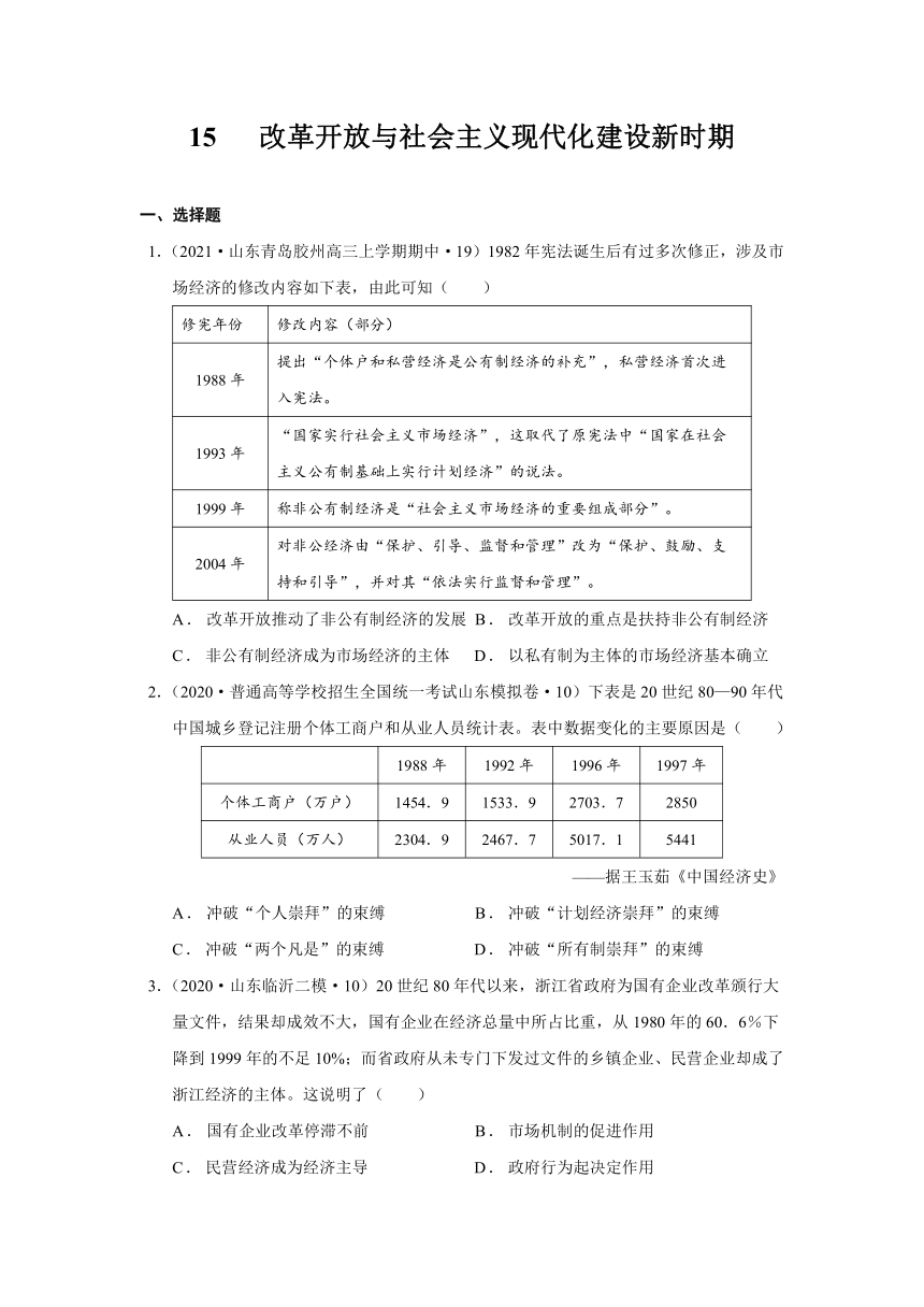 2022届山东省高考历史一轮复习专题15   改革开放与社会主义现代化建设新时期复习题（word版含解析）