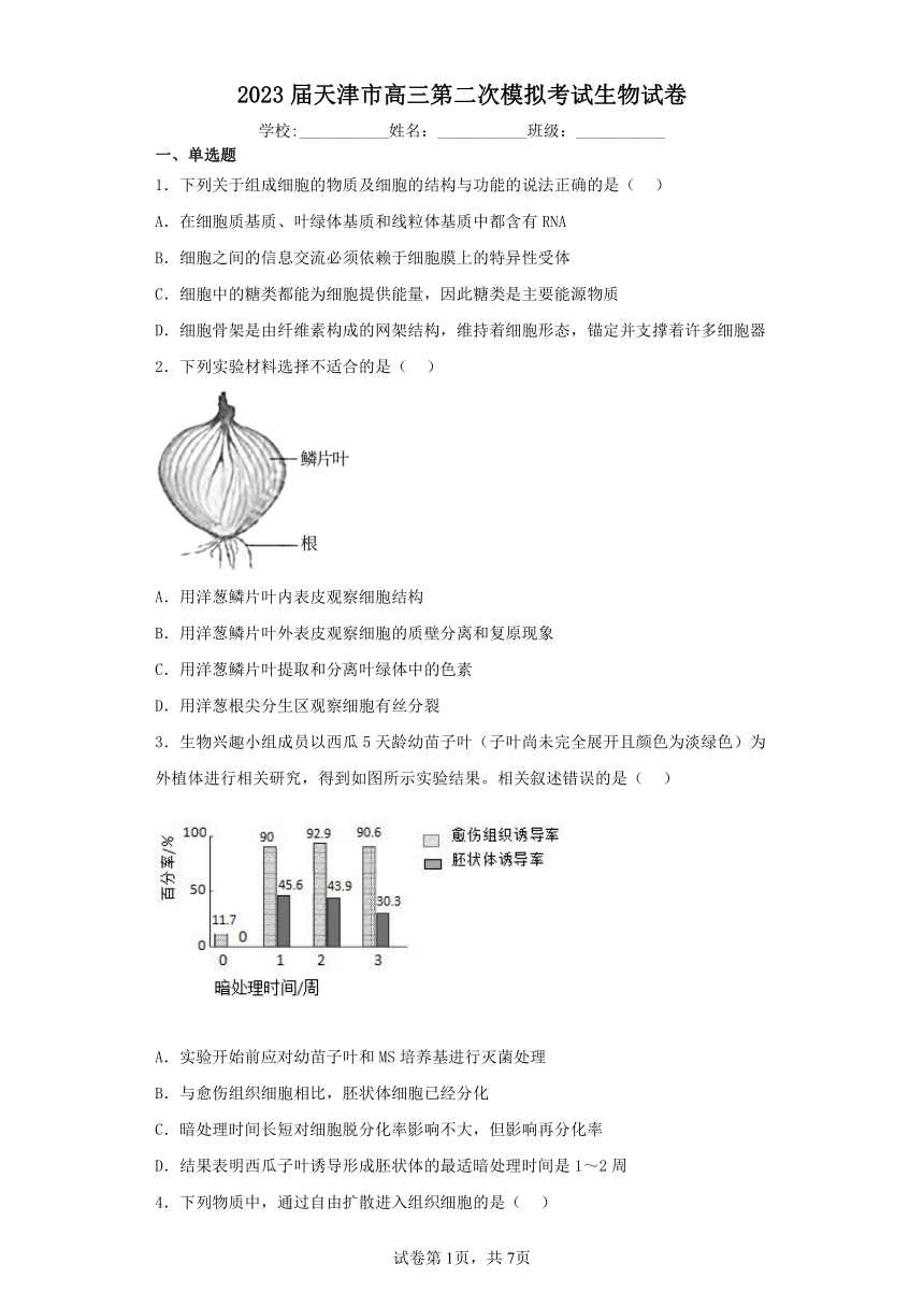 2023届天津市高三第二次模拟练习考试生物试卷（Word版含答案解析）