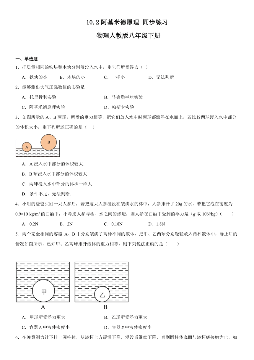 10.2阿基米德原理同步练习（含答案） 物理人教版八年级下册