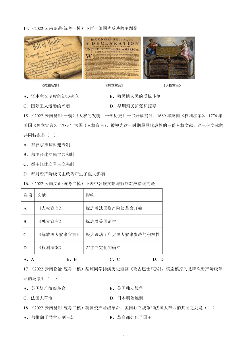 云南省2023年中考备考历史一轮复习资本主义制度的初步确立 练习题（含解析）