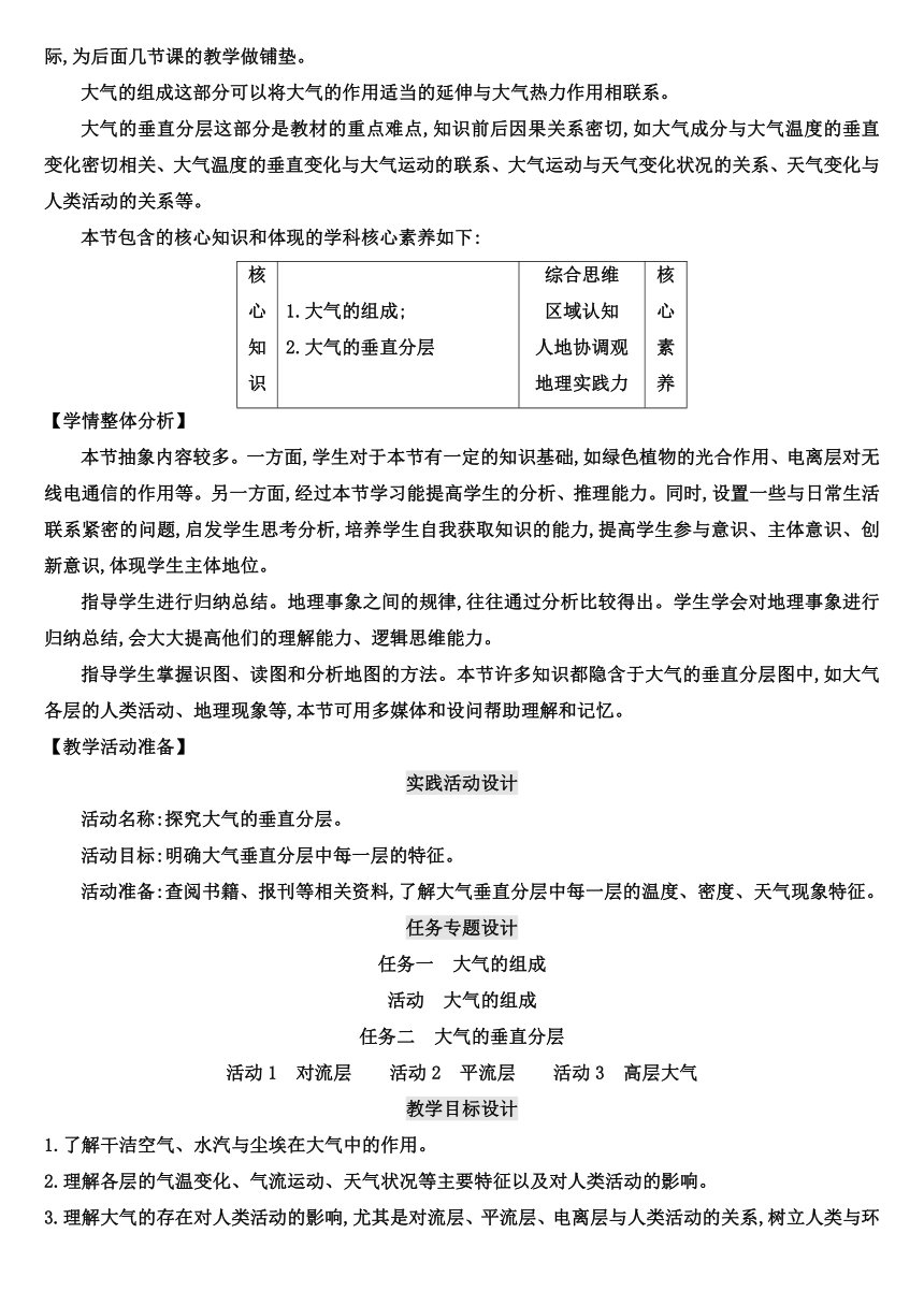 【核心素养目标】2.1 大气的组成和垂直分层教案