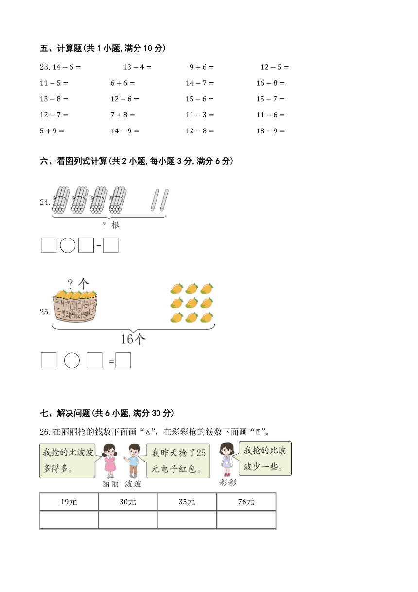 2023-2024 期中测试卷（1-4单元） 人教版数学 一年级下册 (带答案)