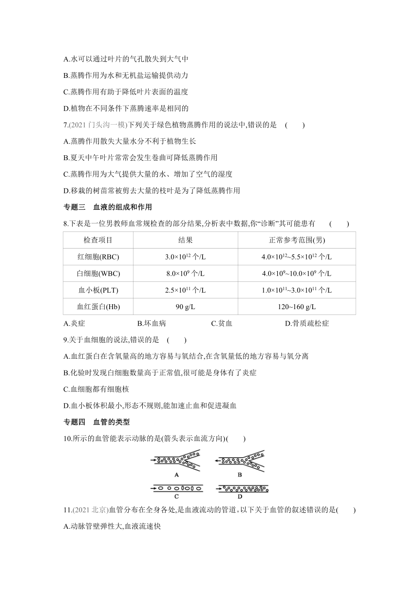 北京版生物七年级下册同步练习：第五章　生物体内的物质运输 专题分类练(word版含答案）