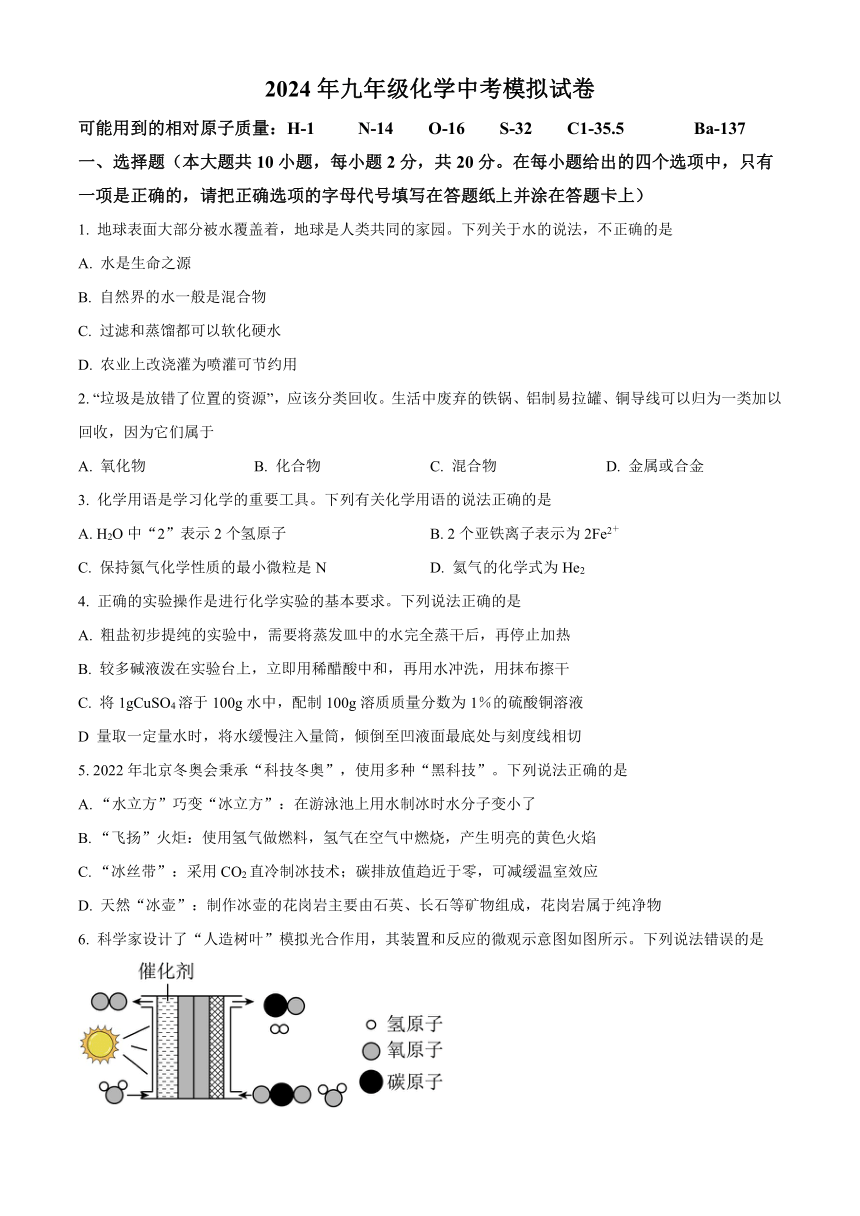 2024年江苏省徐州市树人初级中学中考化学模拟试题(无答案)