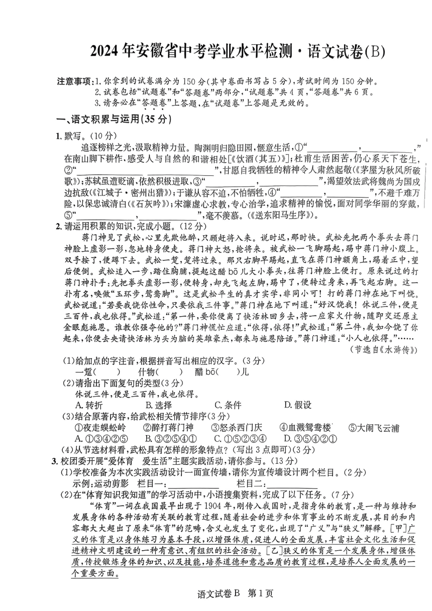2024年安徽省枞阳县中考一模统考语文试题（B卷）（pdf版无答案）
