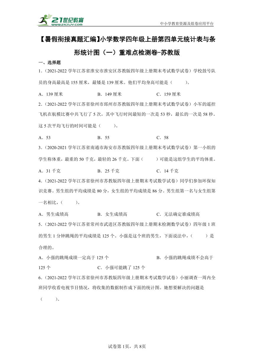 【暑假衔接真题汇编】小学数学四年级上册第四单元统计表与条形统计图（一）重难点检测卷 苏教版（含答案）