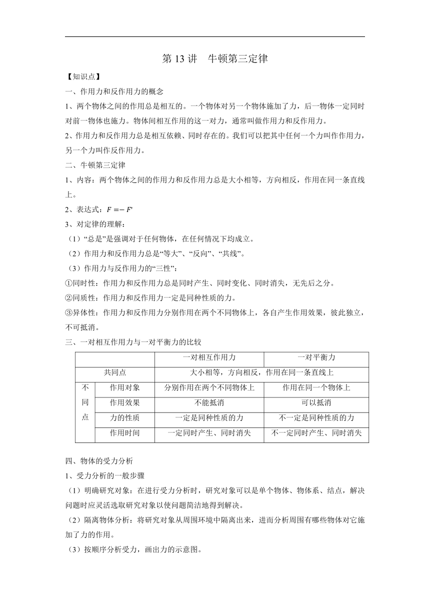 2022-2023学年高一上学期物理暑假初高衔接讲义： 第13讲 牛顿第三定律（含答案）