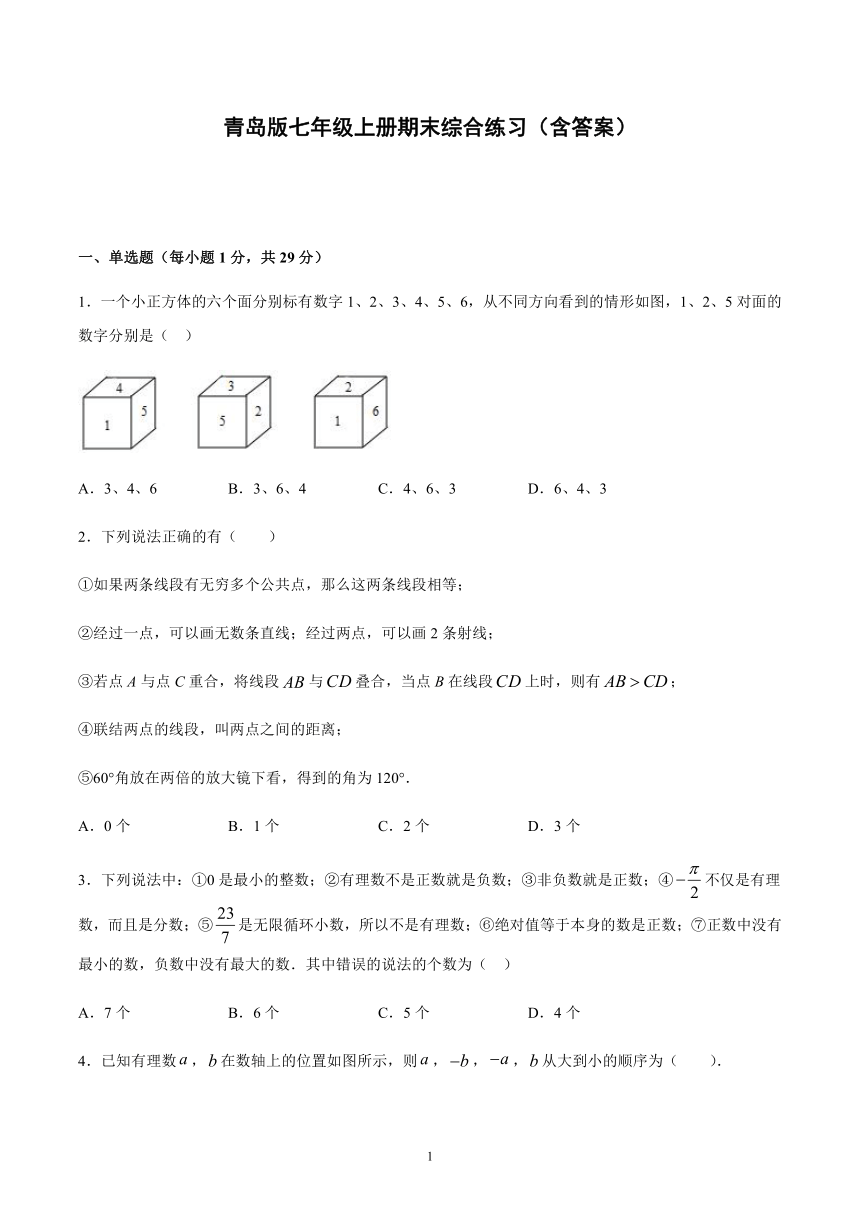 2020-2021学年度青岛版数学七年级上册 期末复习综合练习（Word版 含答案）