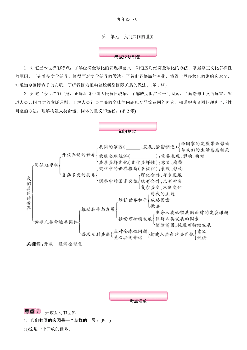 9年级下册 第1单元 我们共同的世界 考点过关-2021年中考道德与法治总复习（襄阳）（含答案）