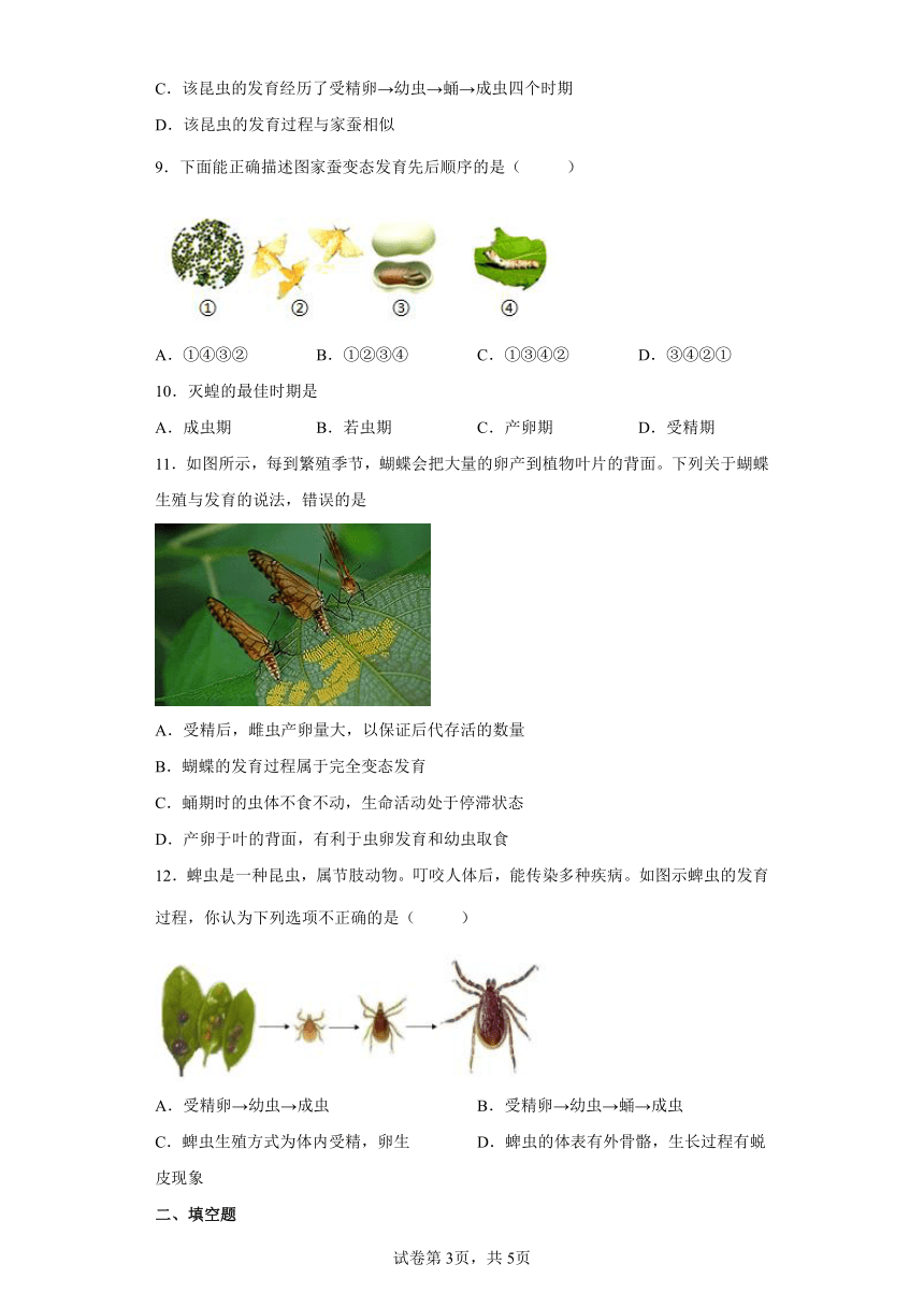 人教版八年级下册7.1.2 昆虫的生殖和发育同步练习 （word版 含答案)