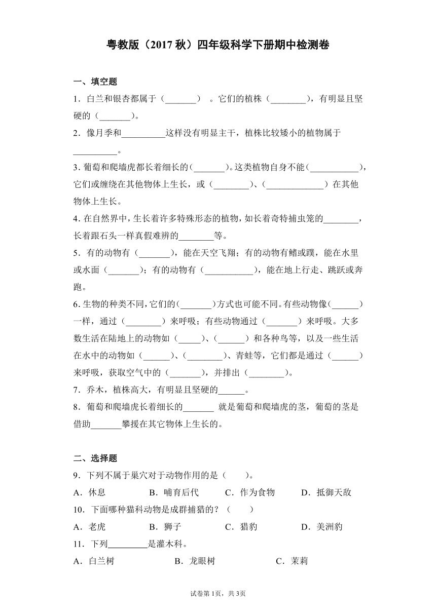 粤教版（2017秋）四年级科学下册期中检测卷（含答案）