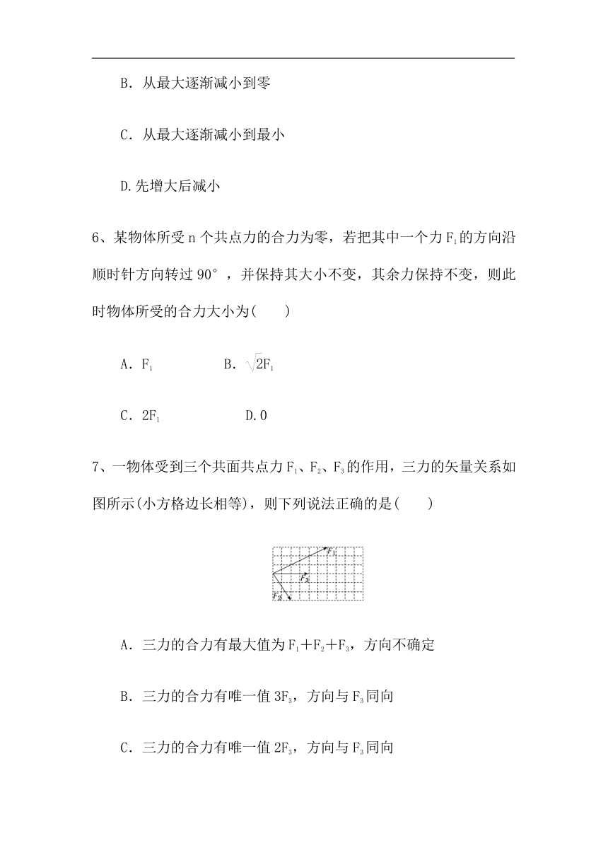 2021-2022学年高一上学期物理鲁科版（2019）必修第一册4.1科学探究：力的合成同步练习-（word版含答案）