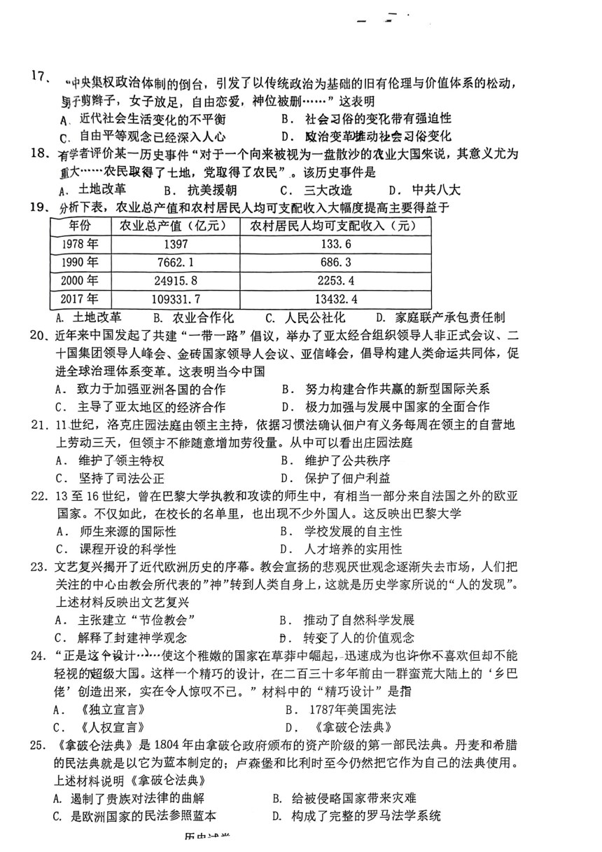 广东省茂名市化州市2024年中考一模考试历史试题（扫描版无答案）