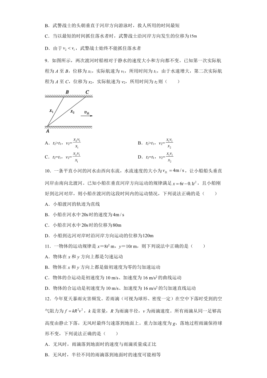 2021-2022学年高一下学期物理粤教版（2019）必修第二册1.2运动的合成与分解 同步作业 (Word版含答案)