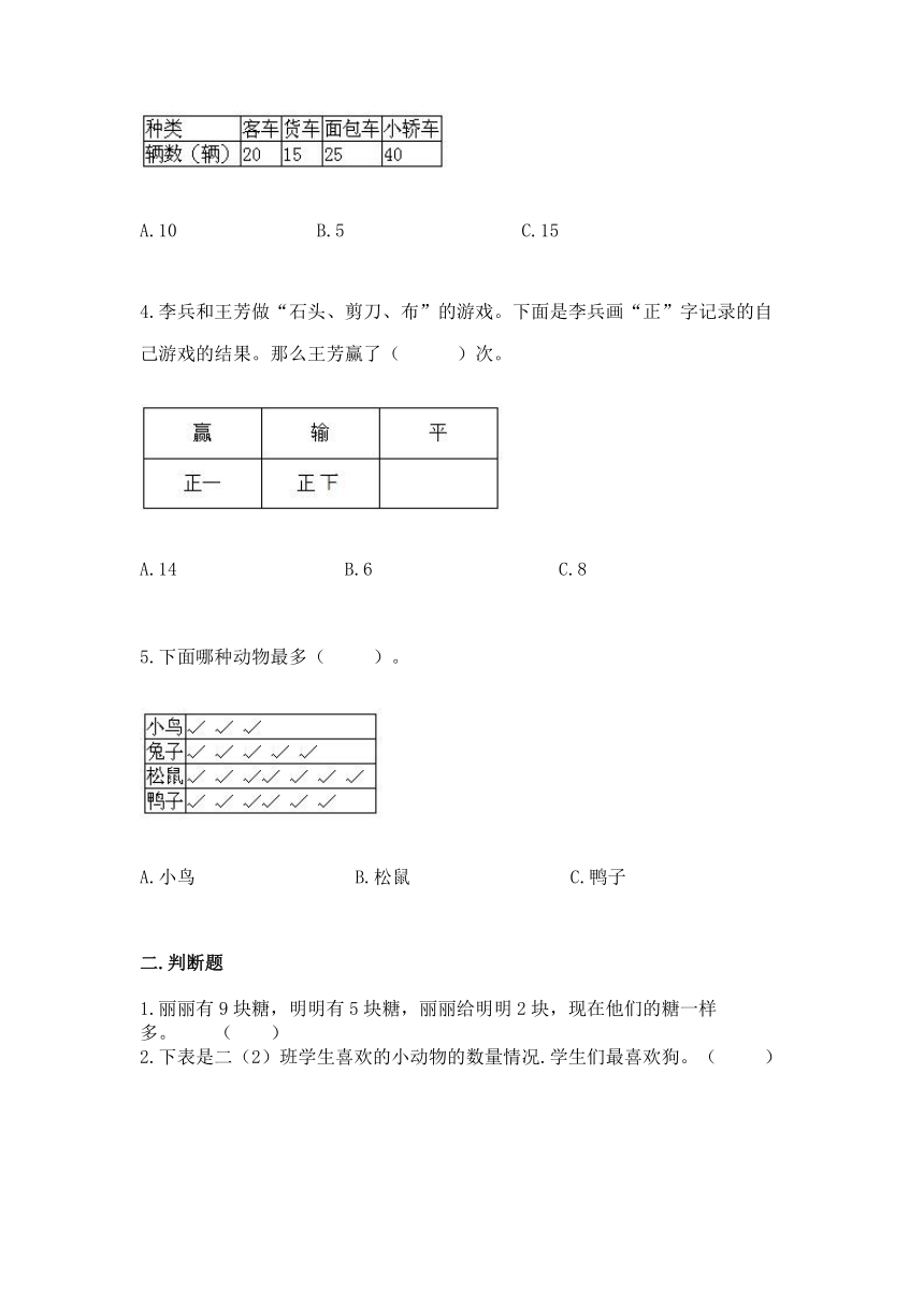 北京版二年级下册数学第九单元 收集数据 同步练习（含答案）