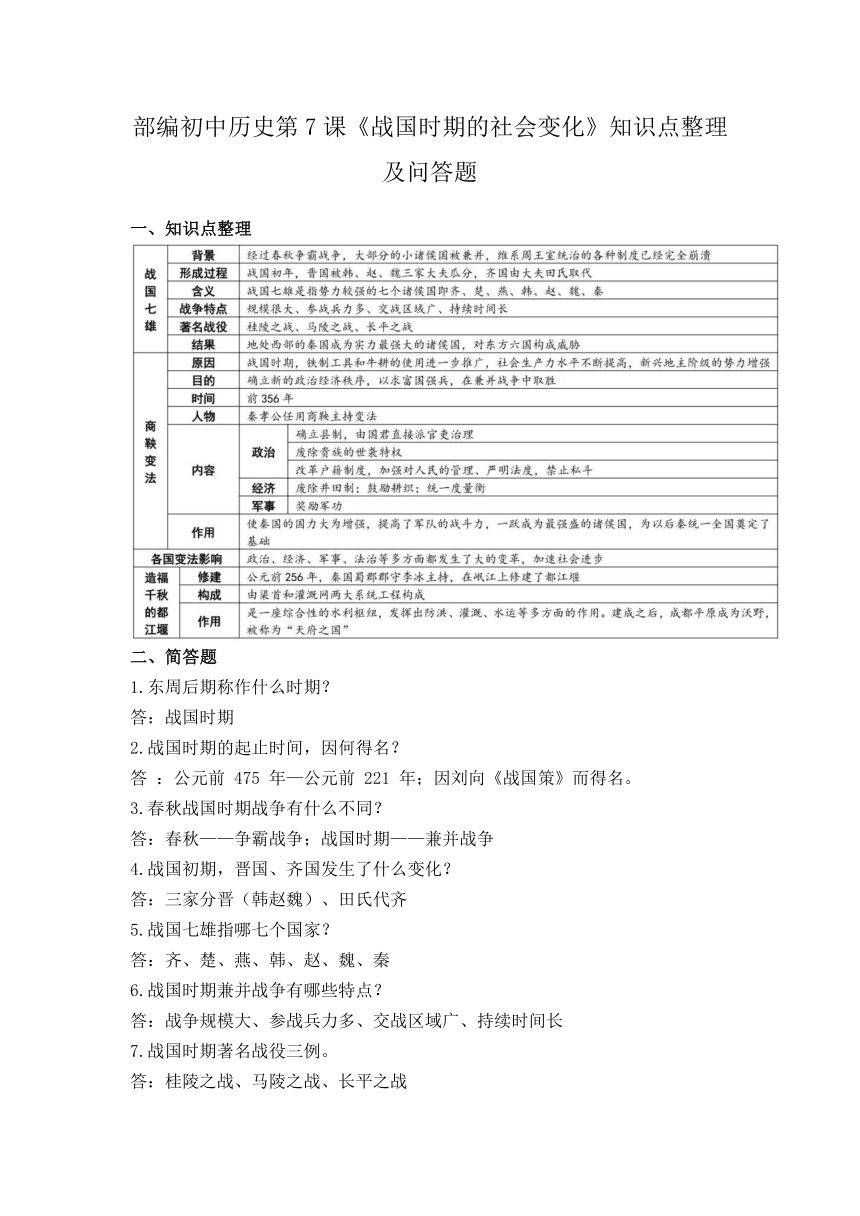 第7课《战国时期的社会变化》知识点整理及问答题