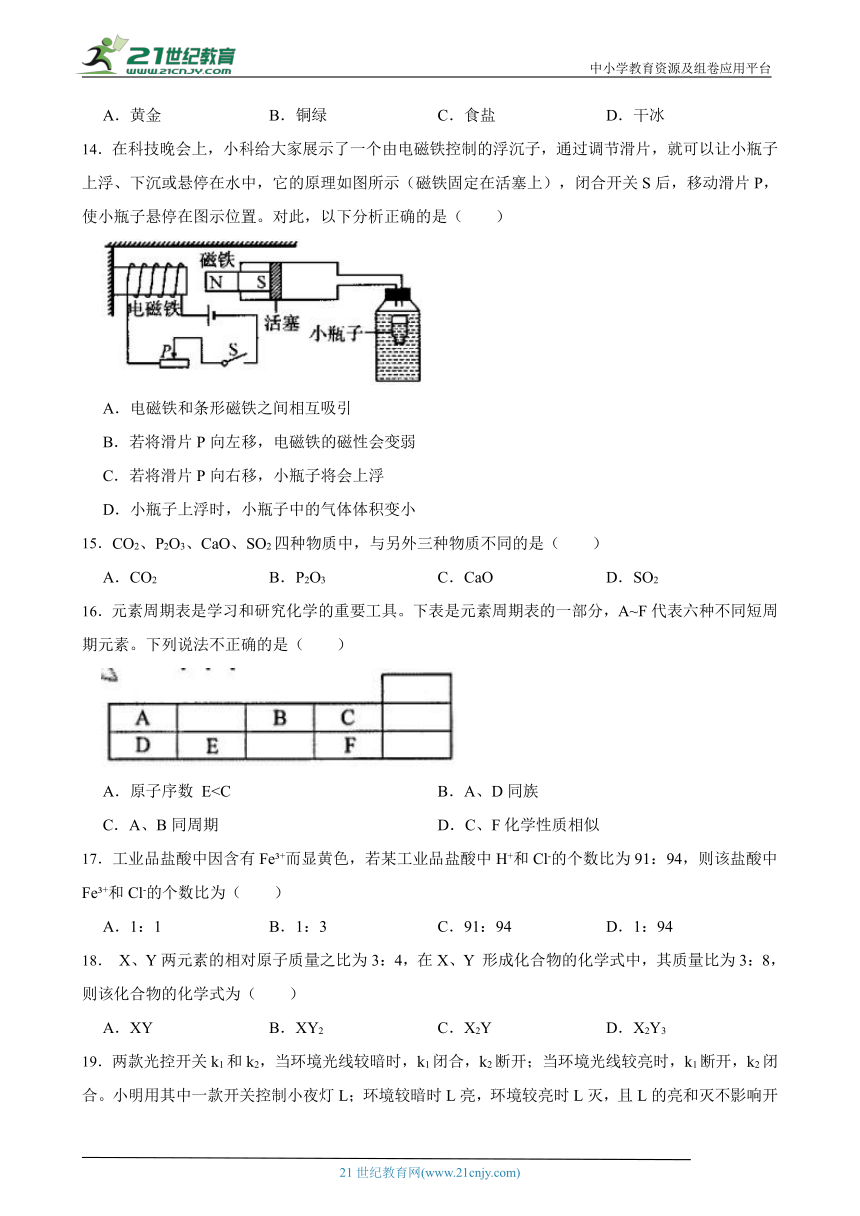 浙教版科学八年级下册期中模拟测试卷（含解析）