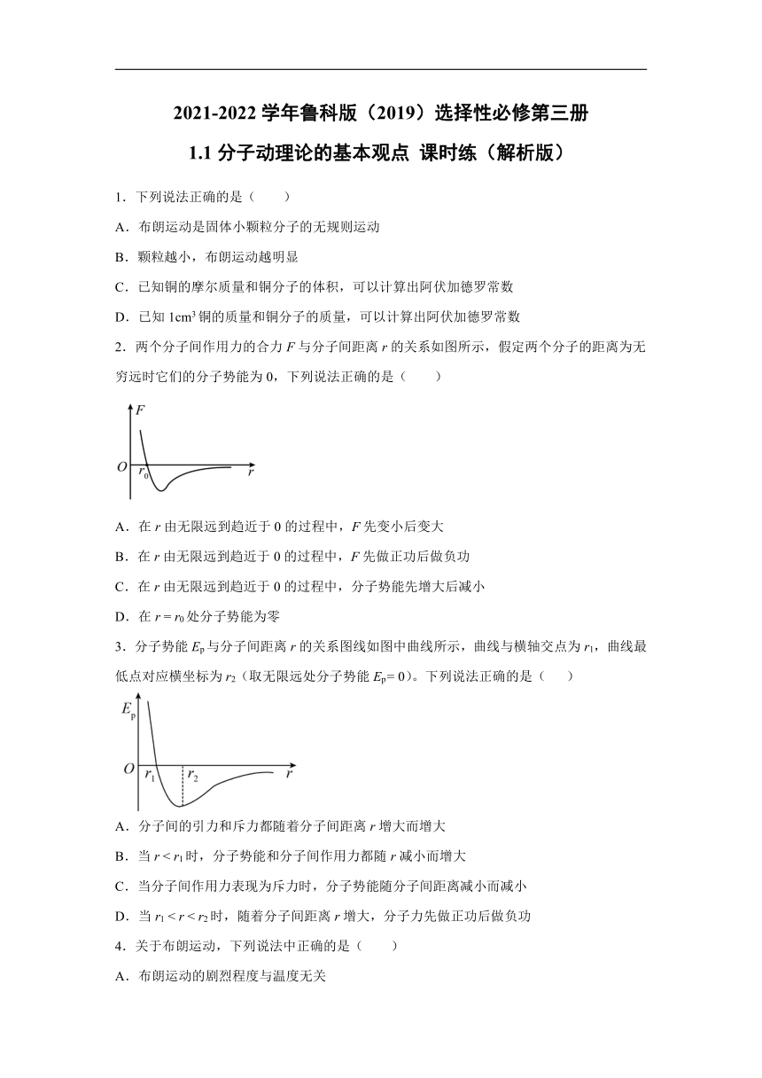 2021-2022学年鲁科版（2019）选择性必修第三册 1.1分子动理论的基本观点 课时练（word解析版）