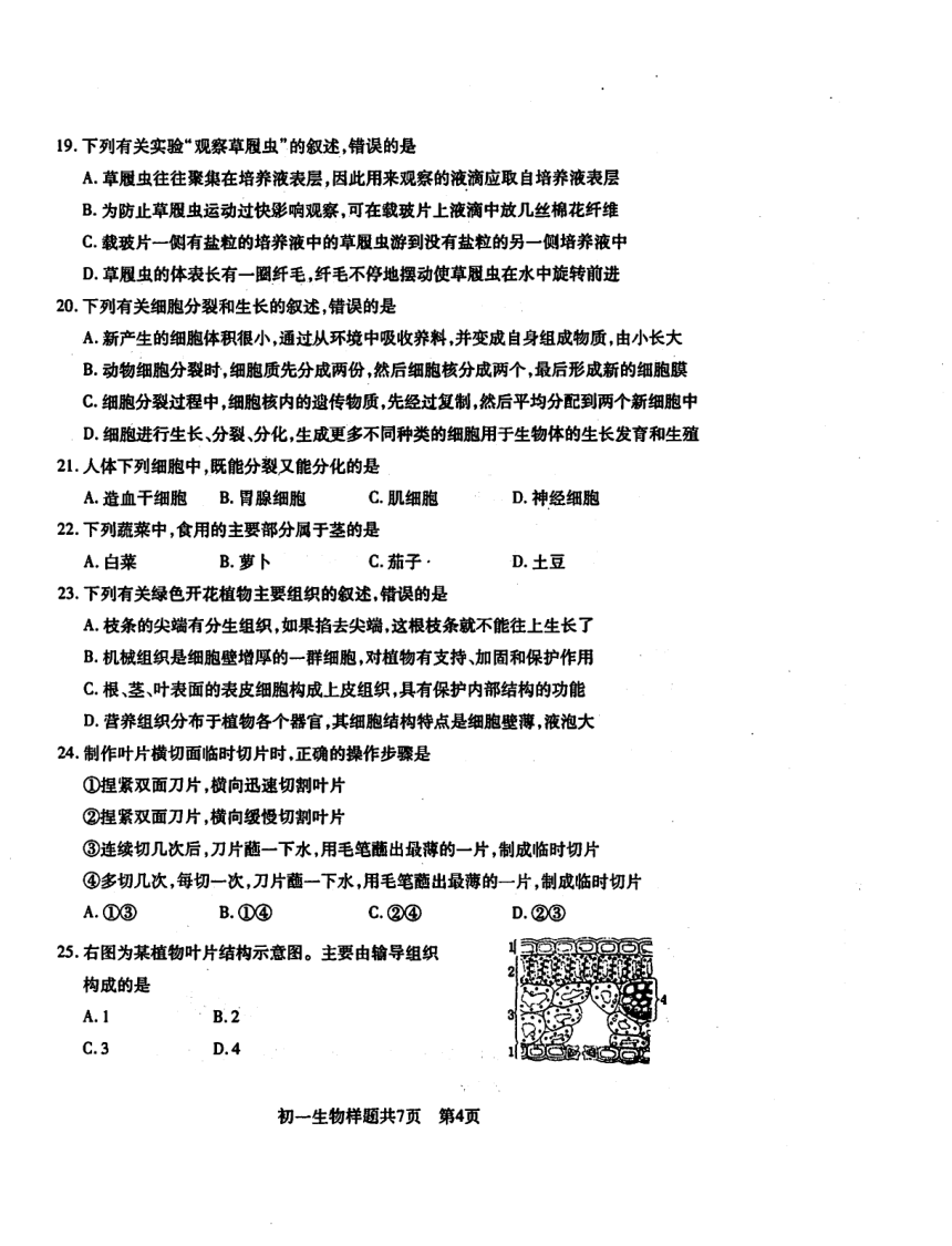 2021-2022学年山东省泰安市（五四制）上学期期末学情抽测六年级生物样题（PDF版含答案）