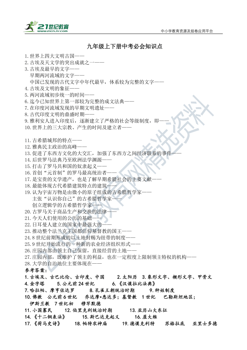 人教统编版历史九年级 中考必会知识点 文字素材