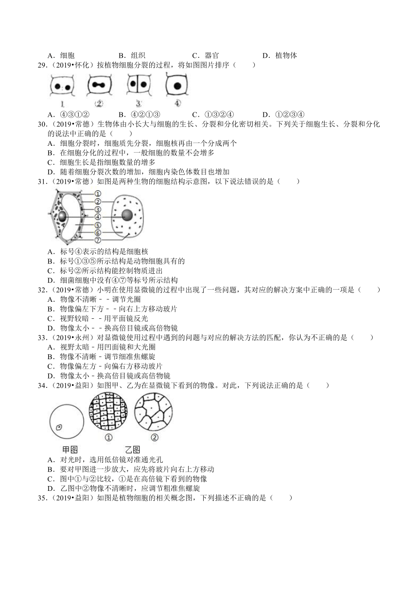 湖南省2019、2020年中考近两年生物试题分类——生命的结构层次(含解析)