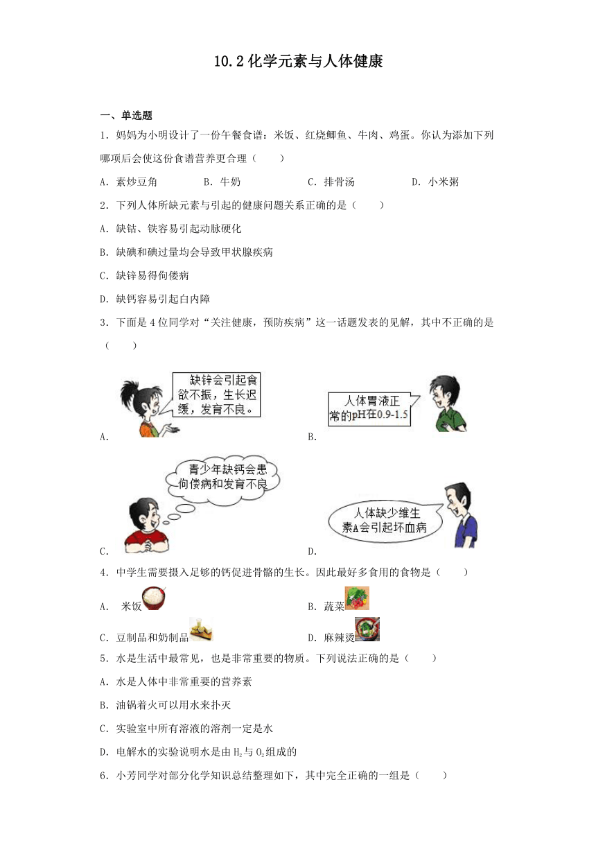 10.2化学元素与人体健康同步练习---2022-2023学年九年级化学鲁教版下册（含答案）