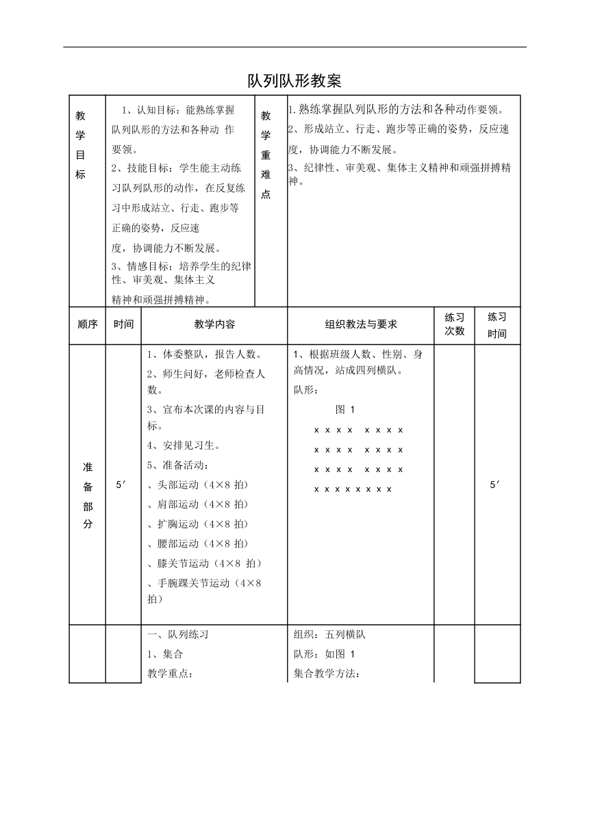 队列队形（教案）- 体育三年级下册（表格式）