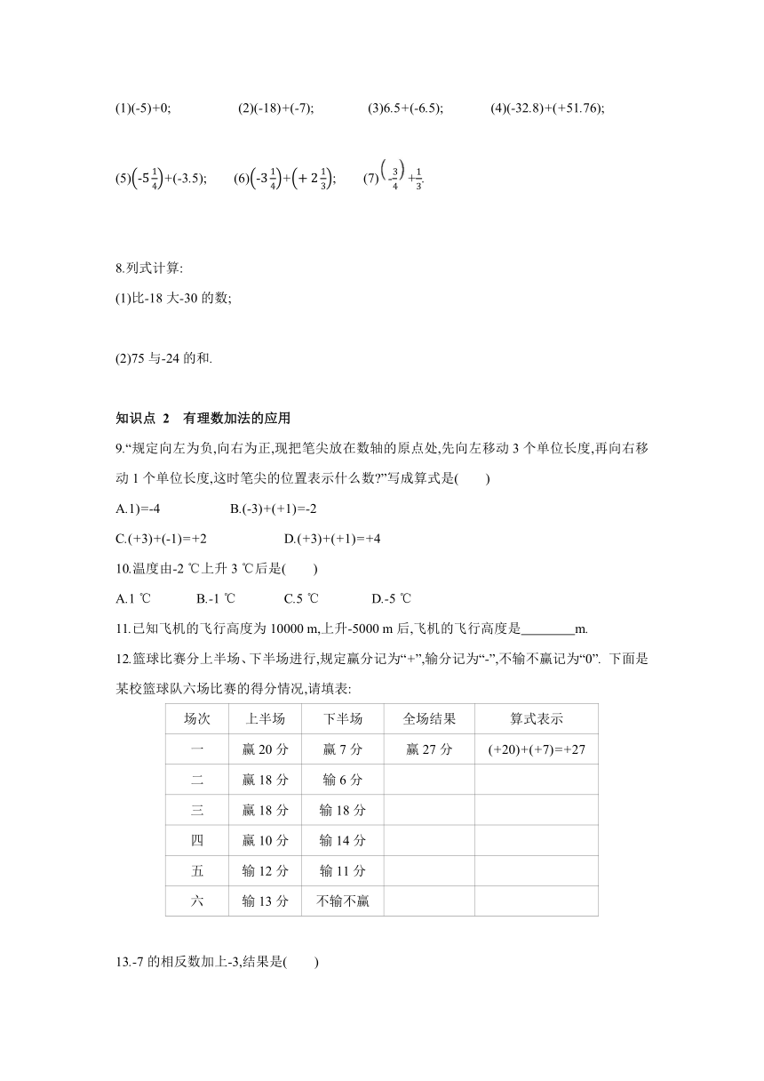 人教版数学七年级上册同步课时练习：1.3.1 第1课时 有理数的加法法则（word版含答案）