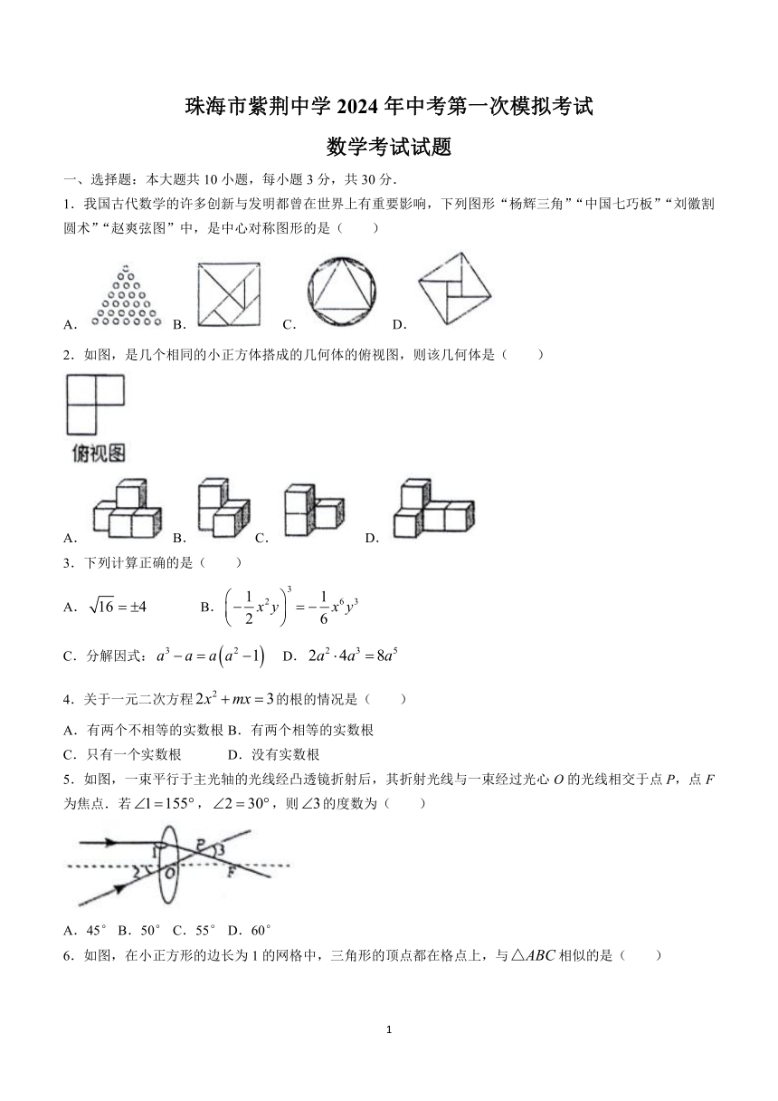 2024年广东省珠海市紫荆中学中考一模数学试题无答案