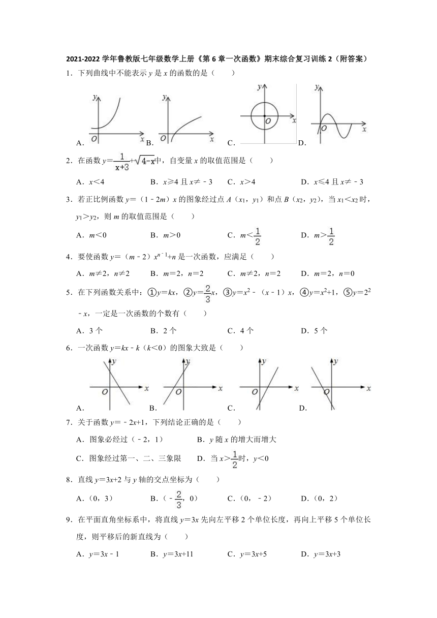 2021-2022学年鲁教版（五四制）七年级数学上册第6章一次函数期末综合复习训练(word版含答案)