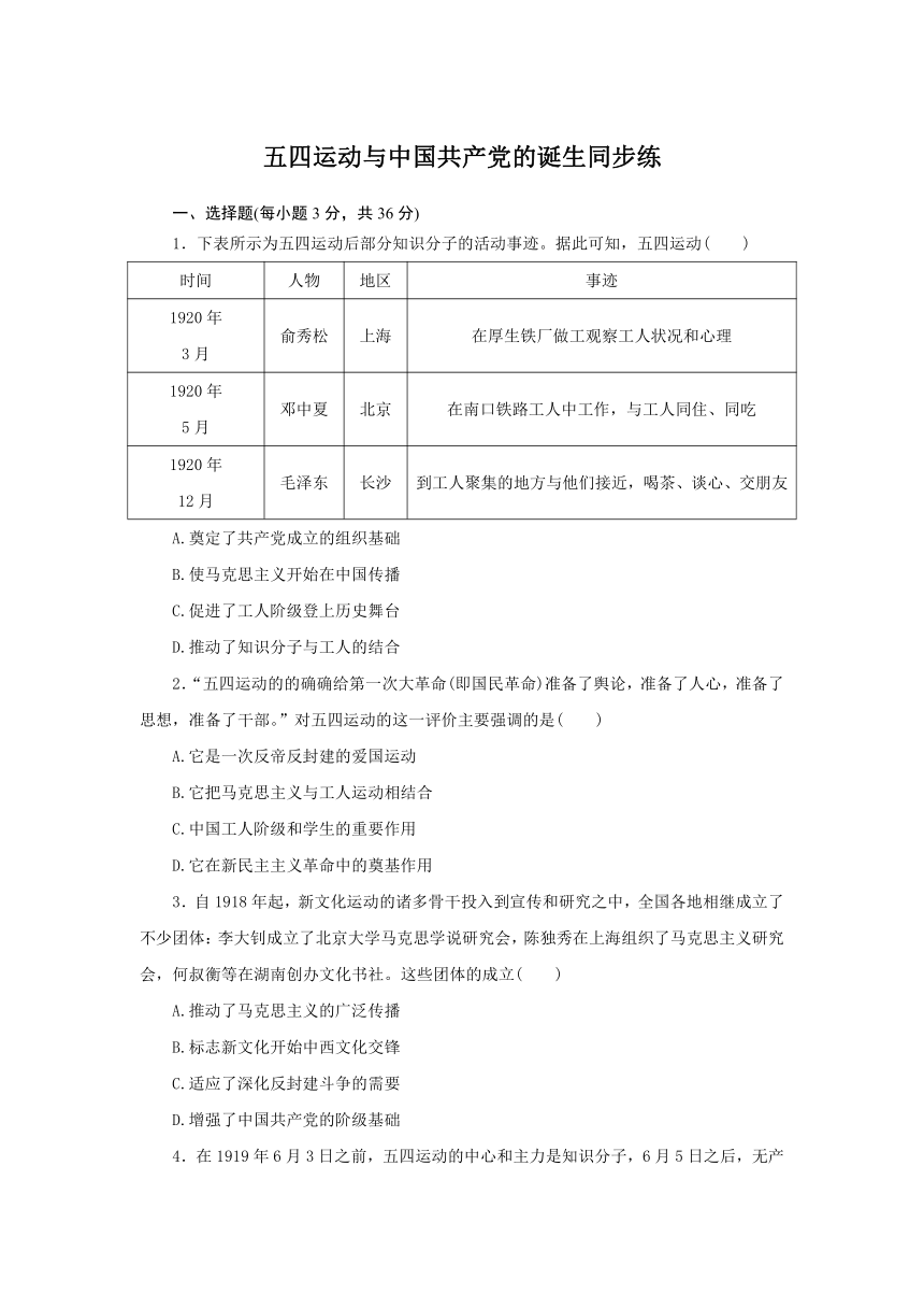 第21课 五四运动与中国共产党的诞生 同步练（含答案）--2023-2024学年高中历史统编版（2019）必修中外历史纲要上册