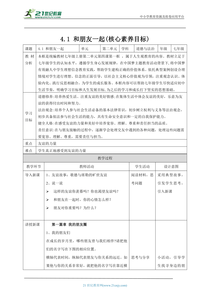 【核心素养目标】4.1和朋友在一起 教案(表格式）