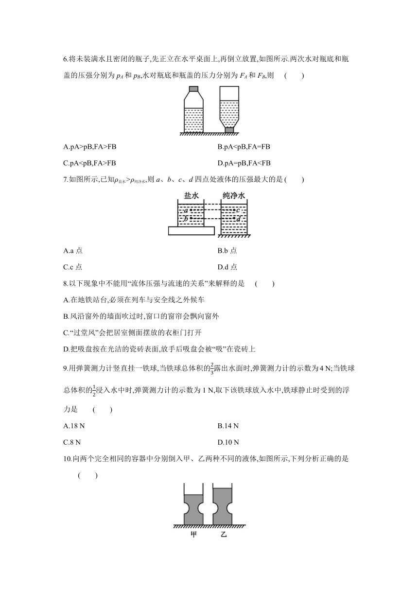 苏科版物理八年级下册同步课时训练：10压强和浮力  单元测试（含答案）