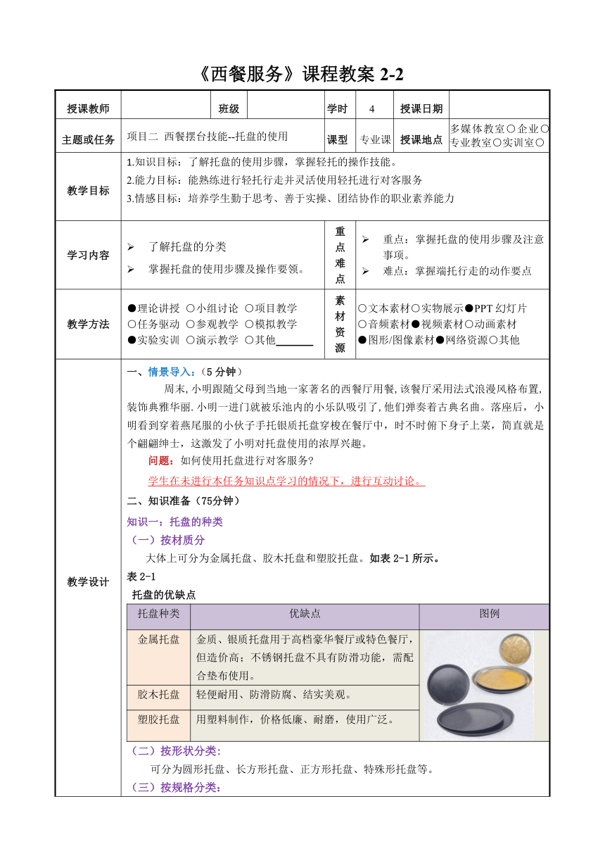 2-2托盘的使用 教案（表格式）《西餐服务》同步教学（人民大学版）