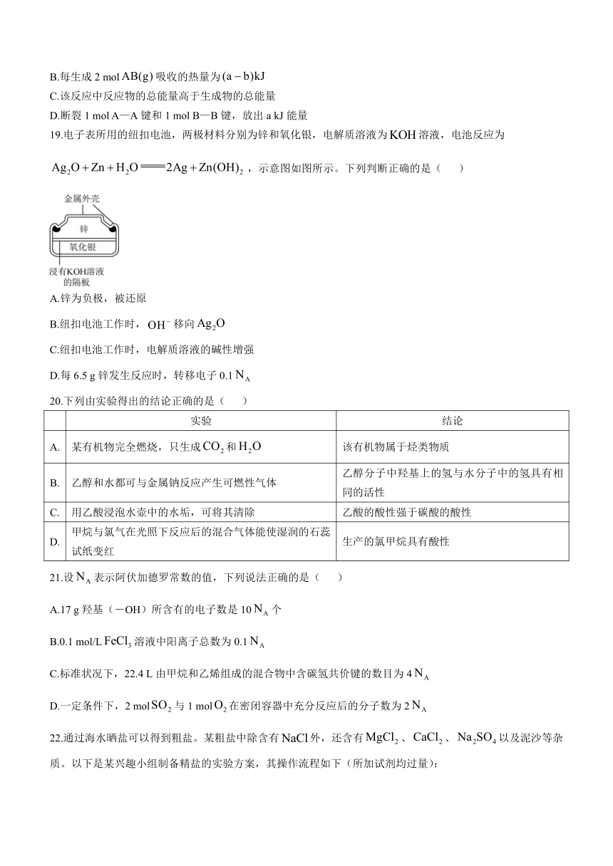 浙江省台州市山海协作体2022-2023学年高一下学期4月期中考试化学试题（含答案）